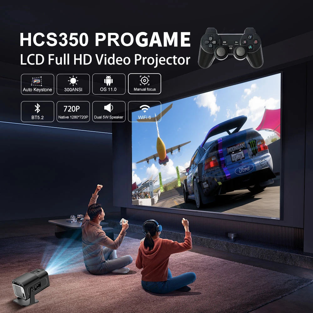 HCS350 Portable Projector with Wireless Game Controllers – 4K & Android 11, Wifi 6, Bluetooth 5.4, High Brightness & Auto Correction