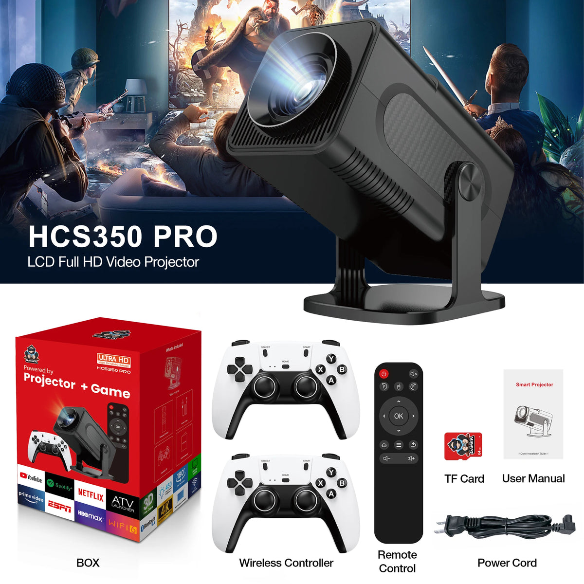 HCS350 Portable Projector with Wireless Game Controllers – 4K & Android 11, Wifi 6, Bluetooth 5.4, High Brightness & Auto Correction